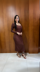 Vestido Canelado Ribana  Abertura na Lateral Longo Com Fenda